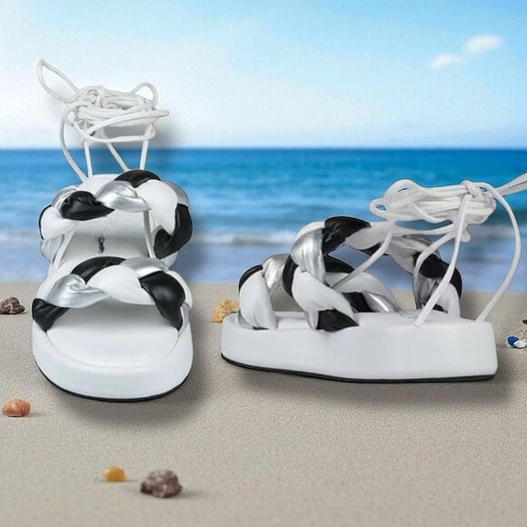 Multicolor Wide Double Braided Straps Open Toe Ankle Wrap Sandals - NEW - Picture 3 of 4